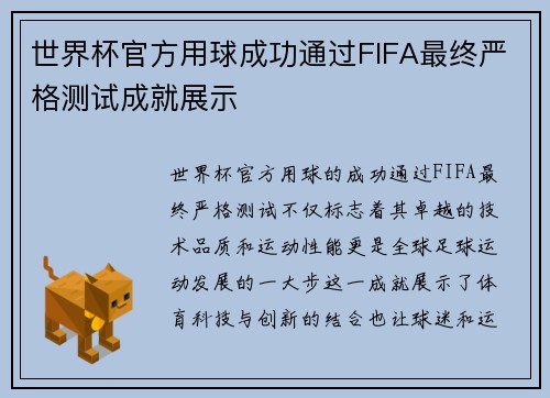 世界杯官方用球成功通过FIFA最终严格测试成就展示